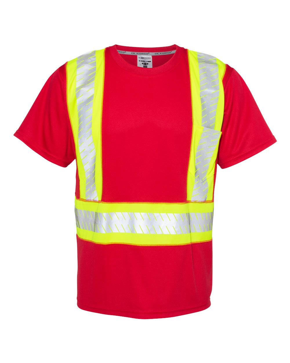 Front View of Red/ Lime - B203 EV Series® Enhanced Visibility Contrast Pocket T-Shirt - B200-204