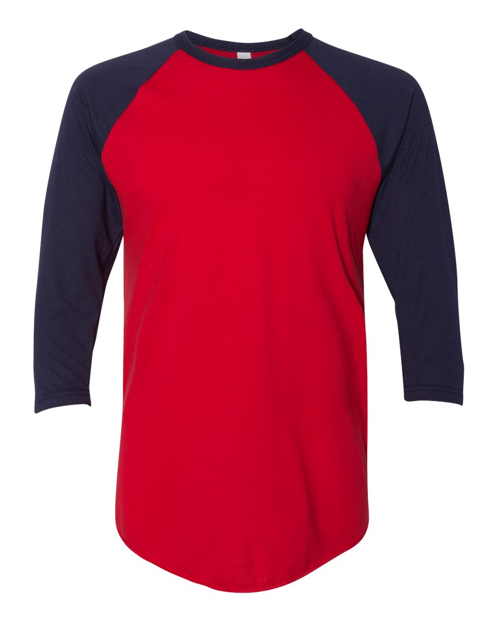 Front View of Red/ Navy 50/50 Raglan Three-Quarter Sleeve Tee - BB453W