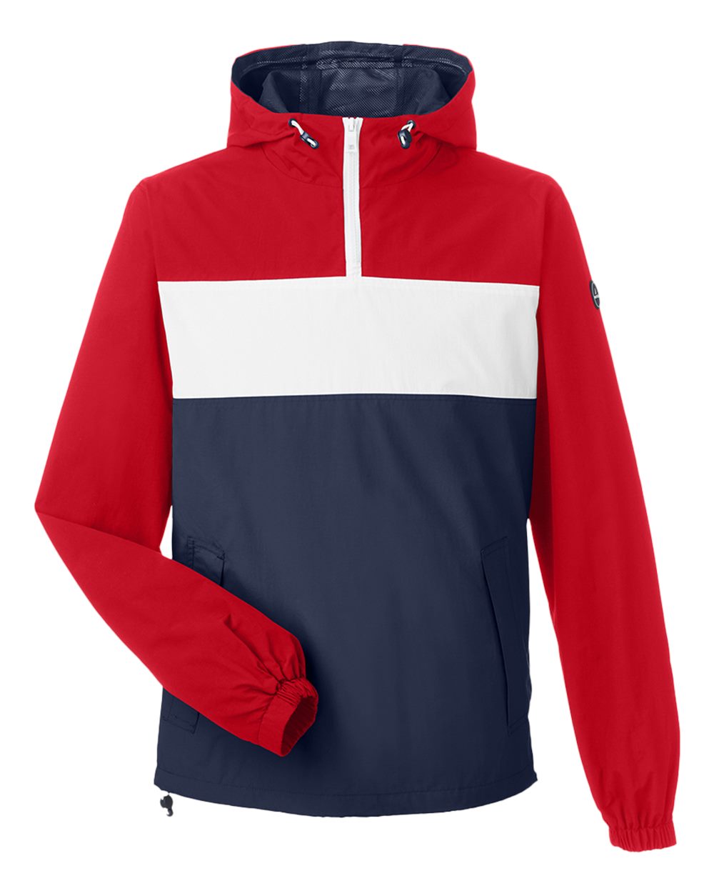 Front View of Red/ White/ Navy Windward Anorak Hooded Quarter-Zip Jacket - N17174