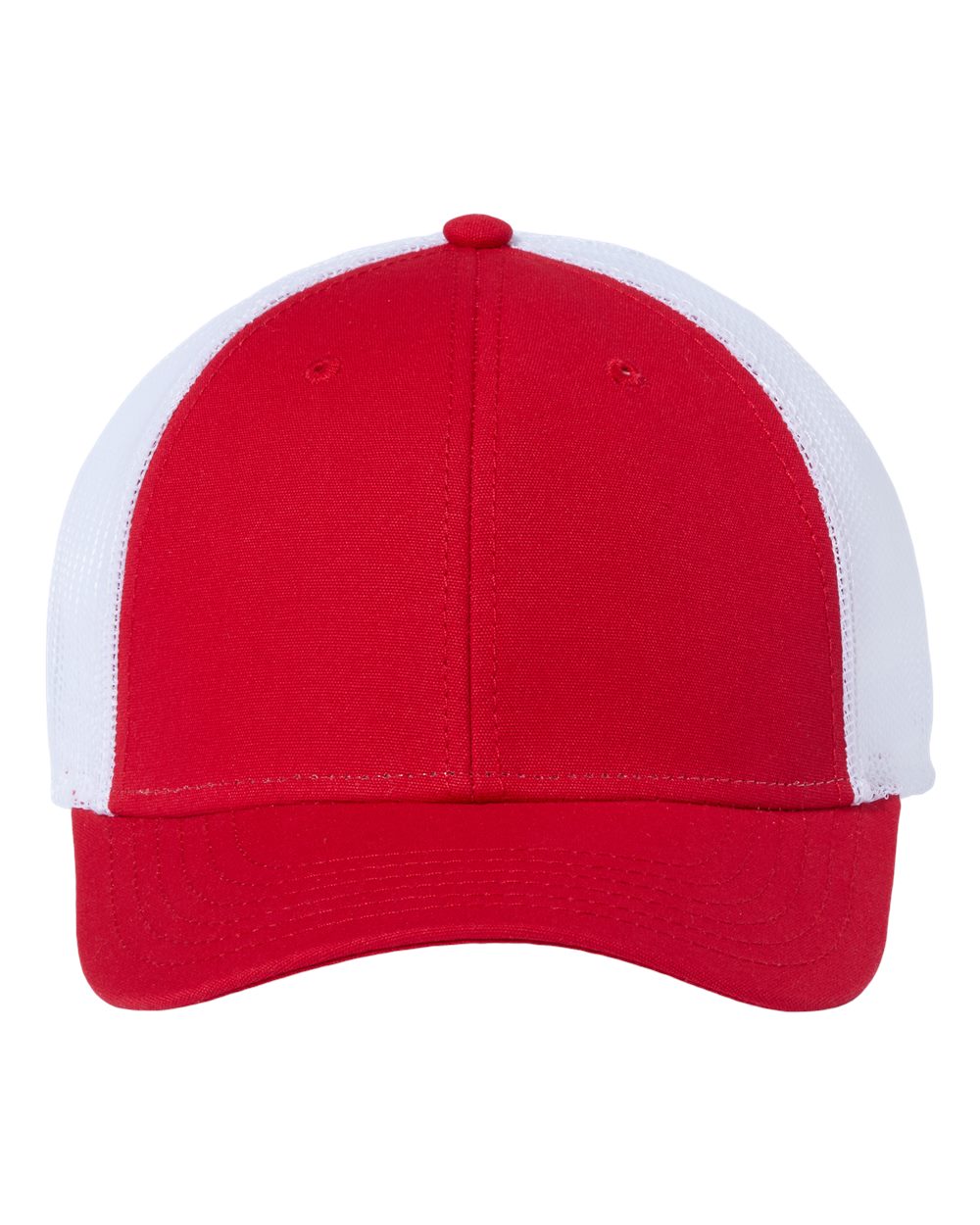 Front View of Red/ White Sustainable Recy Three Trucker Cap - RETH