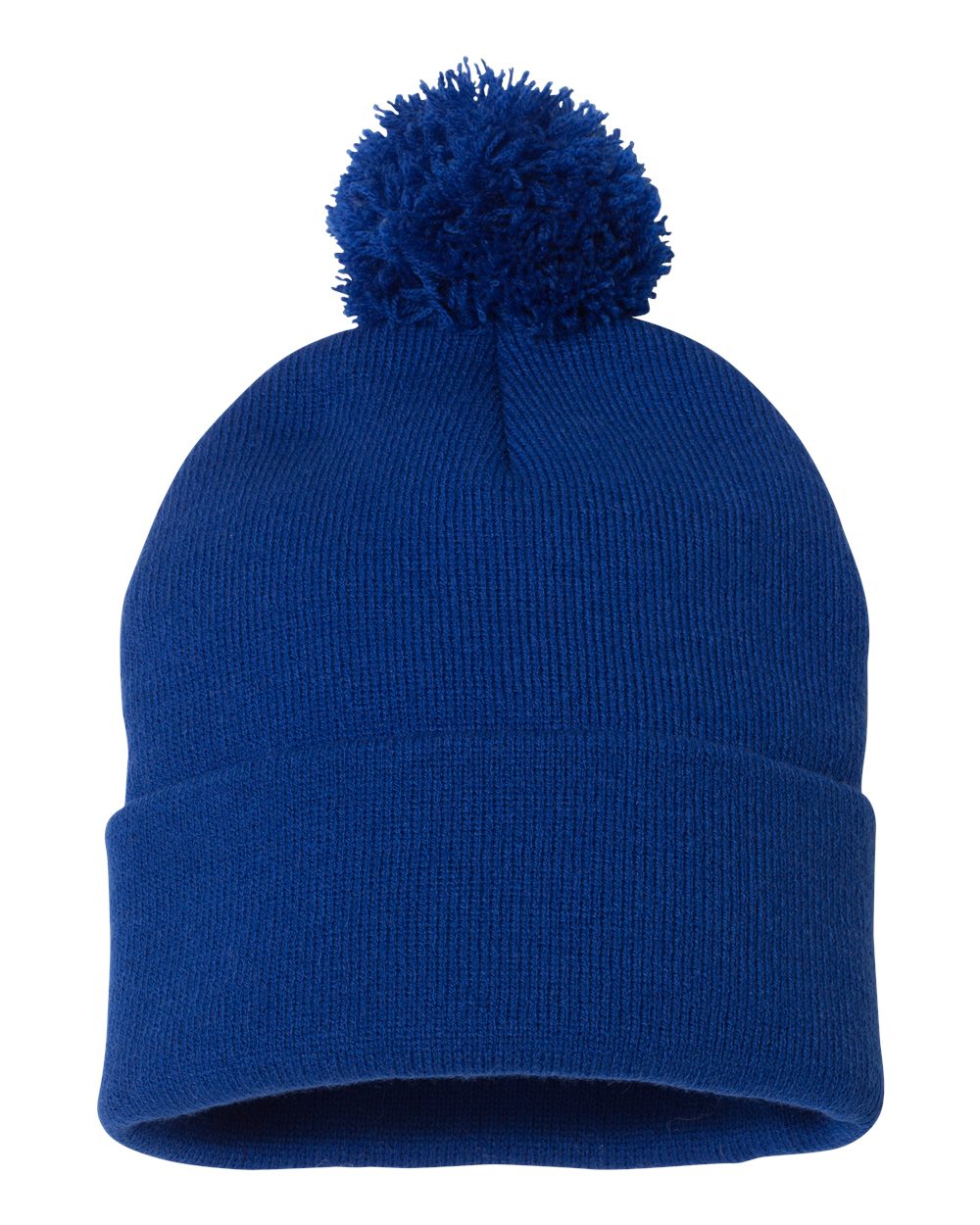 Front View of Royal Blue 12" Pom-Pom Cuffed Beanie - SP15