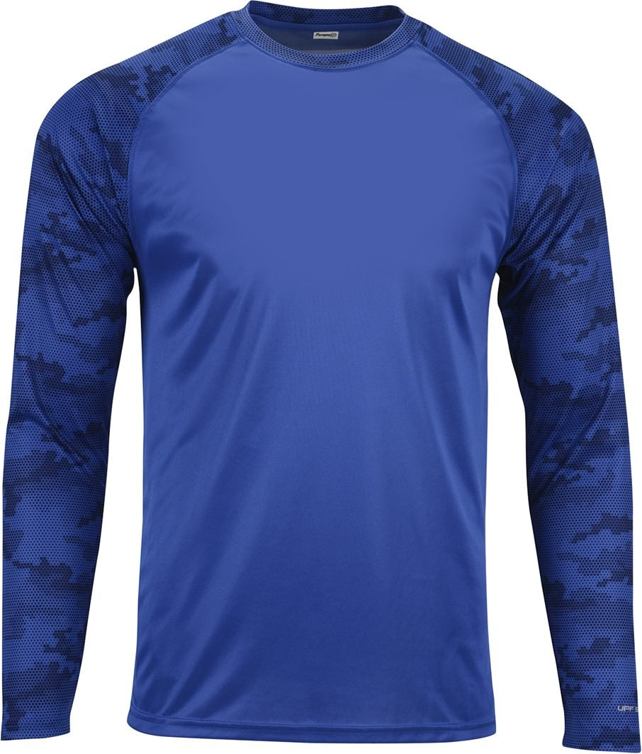 Front View of Royal Cayman Performance Camo Colorblocked Long Sleeve T-Shirt - 216
