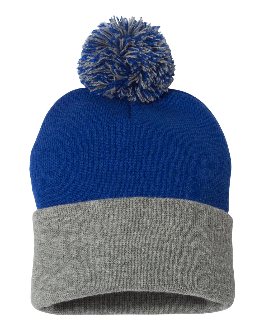 Front View of Royal/ Light Heather Grey 12" Pom-Pom Cuffed Beanie - SP15