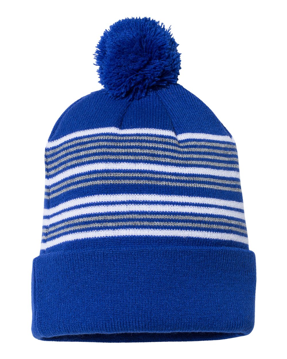 Front View of Royal/ White/ Grey 12" Striped Pom-Pom Cuffed Beanie - SP60