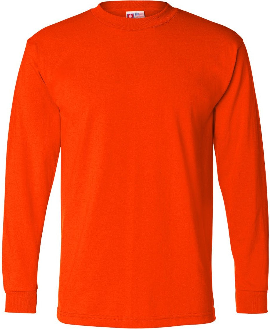 Front View of Safety Orange USA-Made 50/50 Long Sleeve T-Shirt - 1715