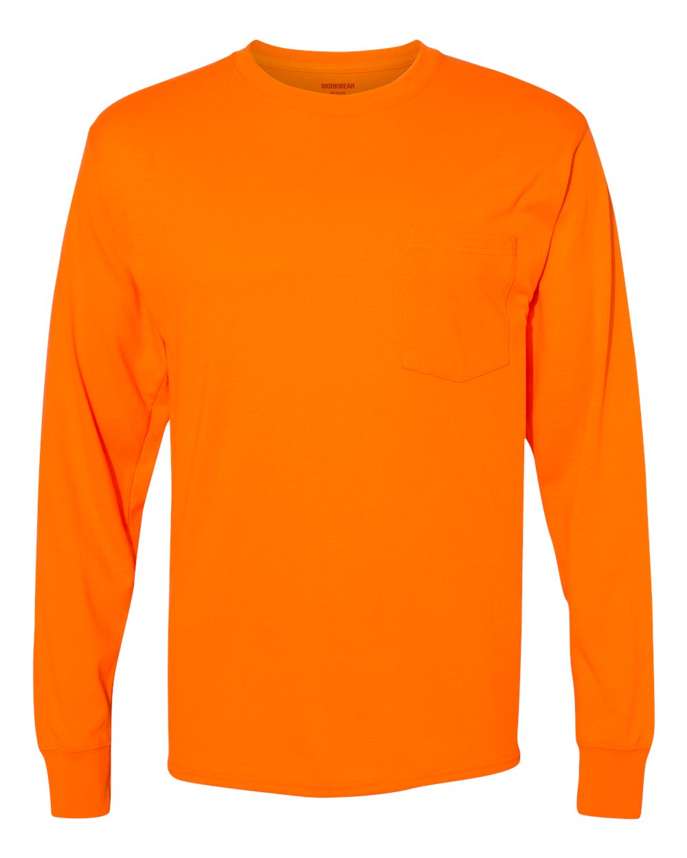 Front View of Safety Orange Workwear Long Sleeve Pocket T-Shirt - W120