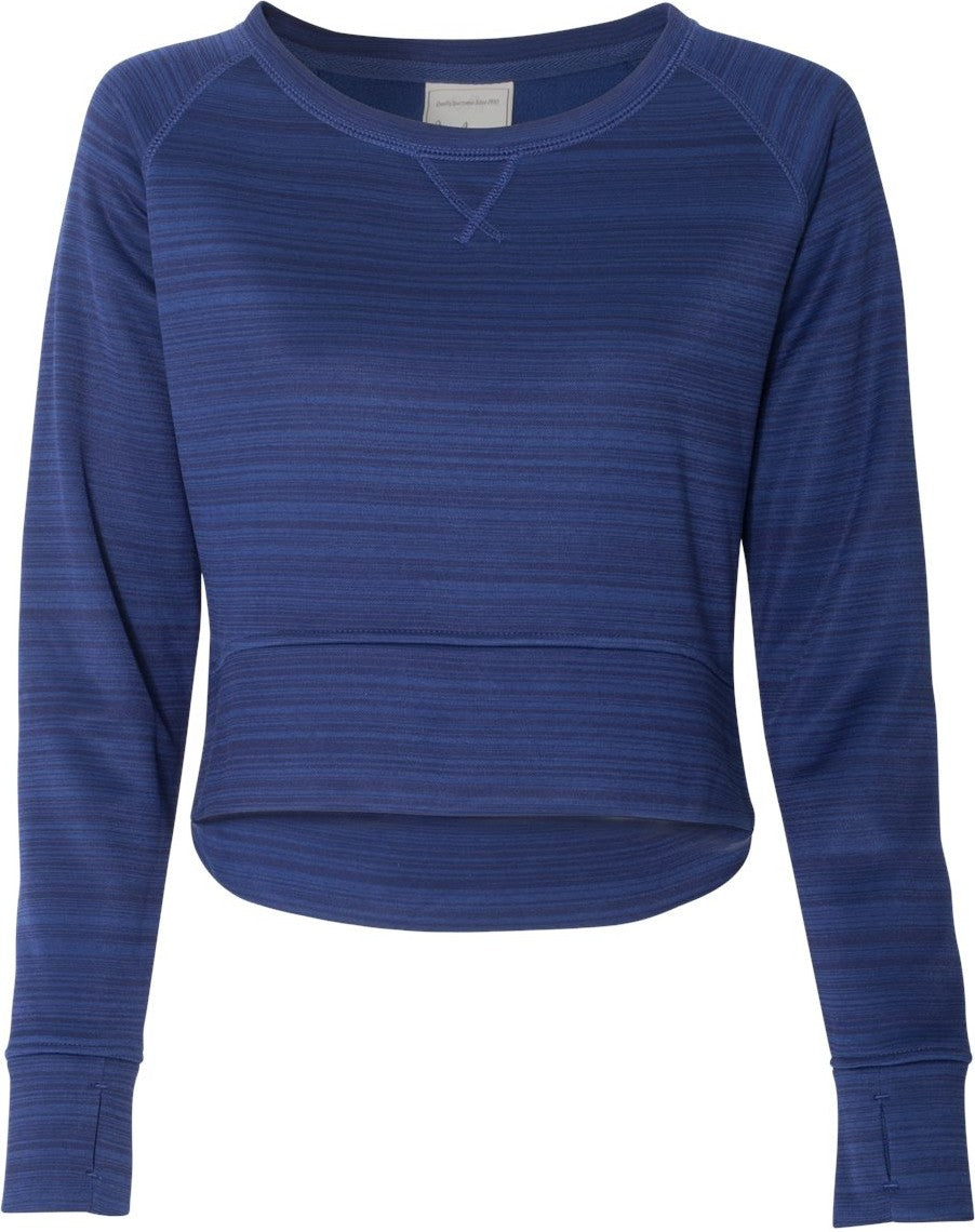 Front View of Sapphire Women's Odyssey Striped Performance Fleece Hi-Low Crewneck Sweatshirt - 8663