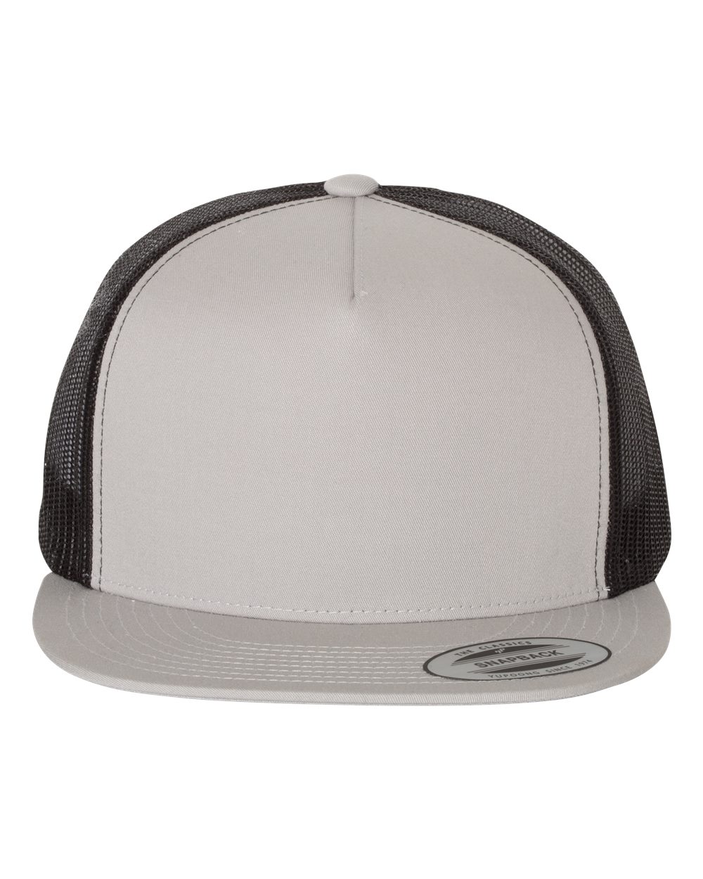 Front View of Silver/ Black Five-Panel Classic Trucker Cap - 6006