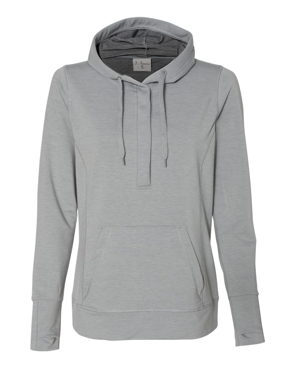 Front View of Silver Grey Triblend Women’s Omega Stretch Snap-Placket Hooded Pullover - 8431
