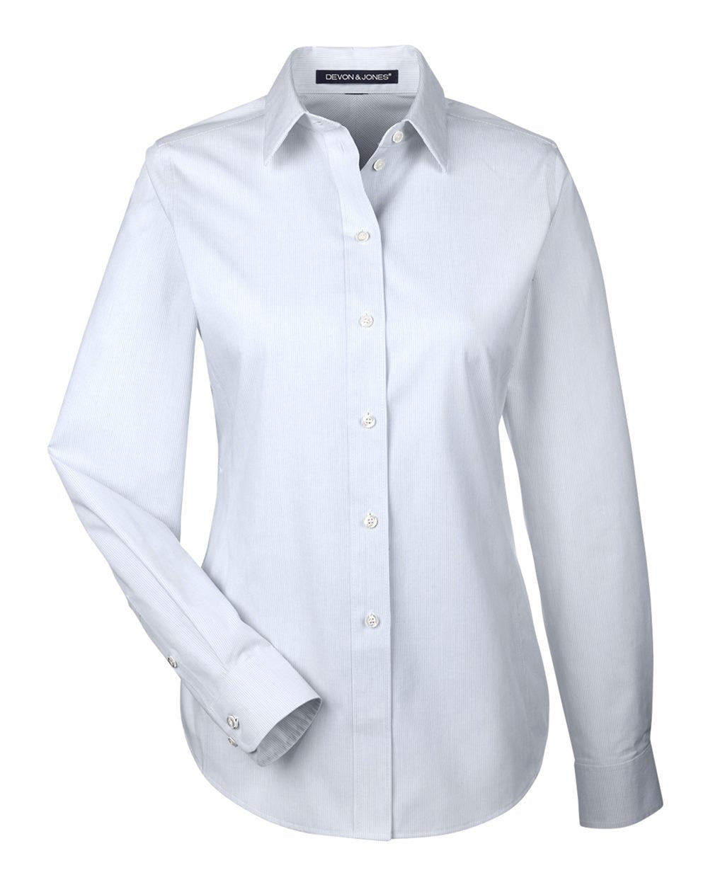 Front View of Silver/ White Women's Crown Collection® Striped Woven Dress Shirt - DG534W