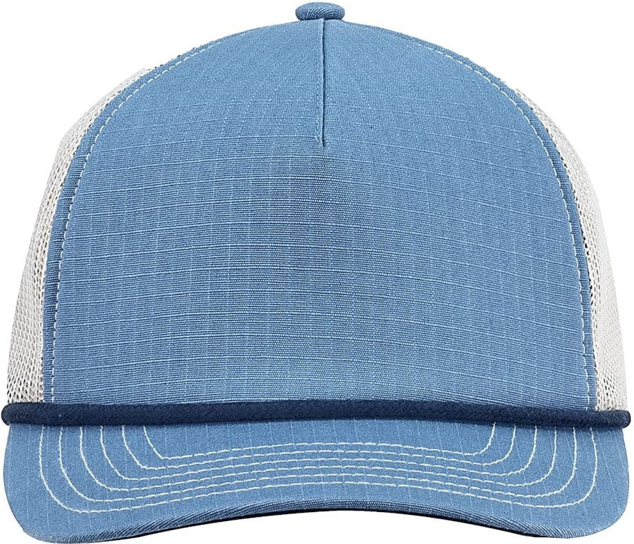 Front View of Slate Blue/ Navy Rope Lariat Ripstop Trucker Cap - BA680