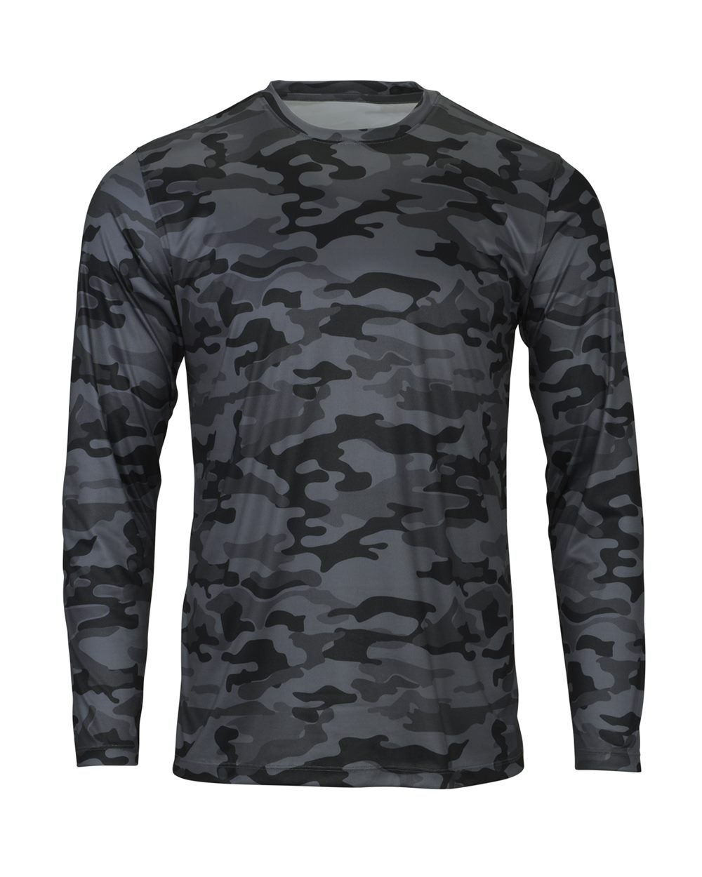 Front View of Smoke Camo Woodland Performance Long Sleeve T-Shirt - 238