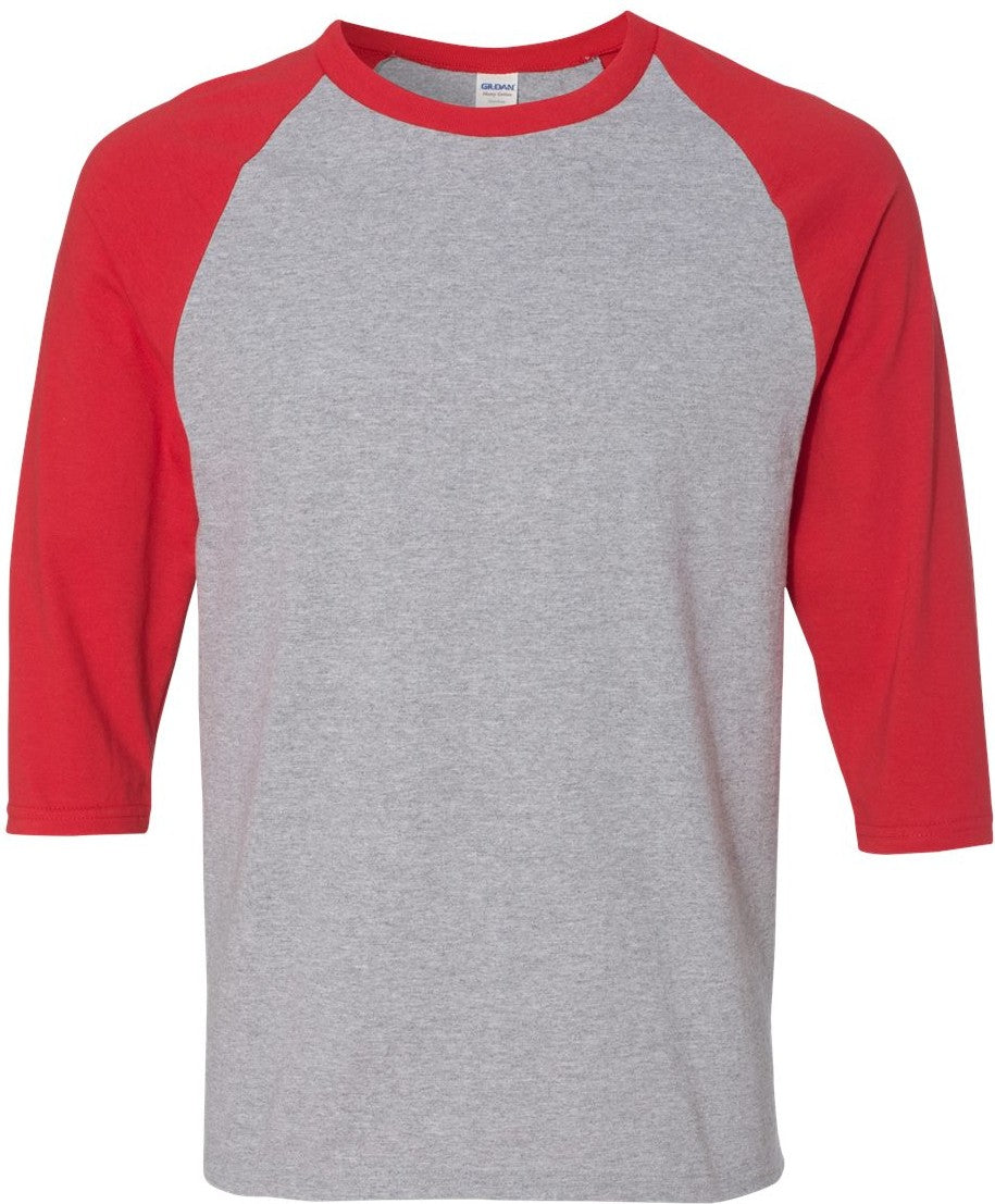 Front View of Sport Grey/ Red Heavy Cotton™ Raglan Three-Quarter Sleeve T-Shirt - 5700