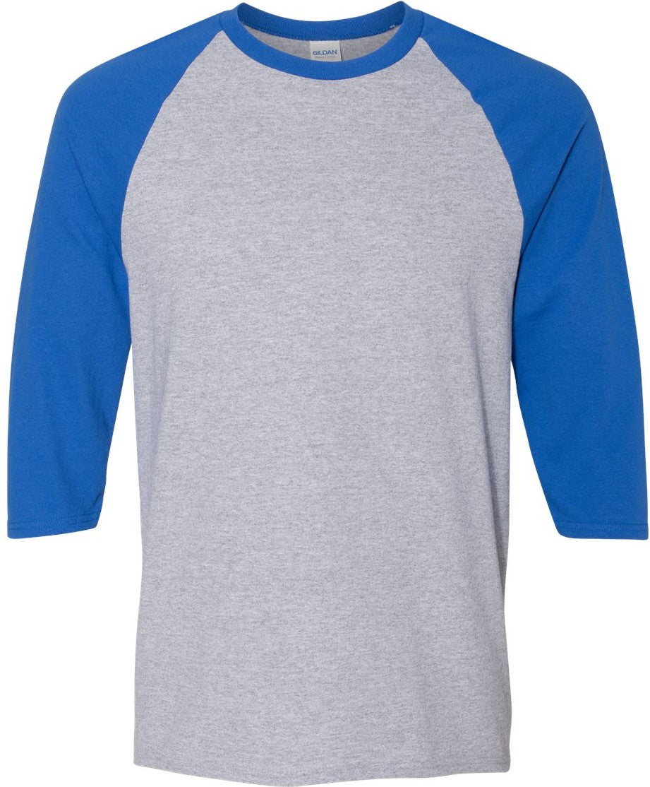 Front View of Sport Grey/ Royal Heavy Cotton™ Raglan Three-Quarter Sleeve T-Shirt - 5700