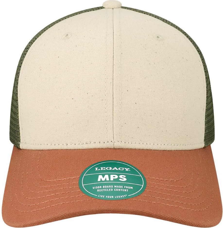 Front View of Stone/ Bronze/ Light Olive Green Mid-Pro Snapback Trucker Cap - MPS