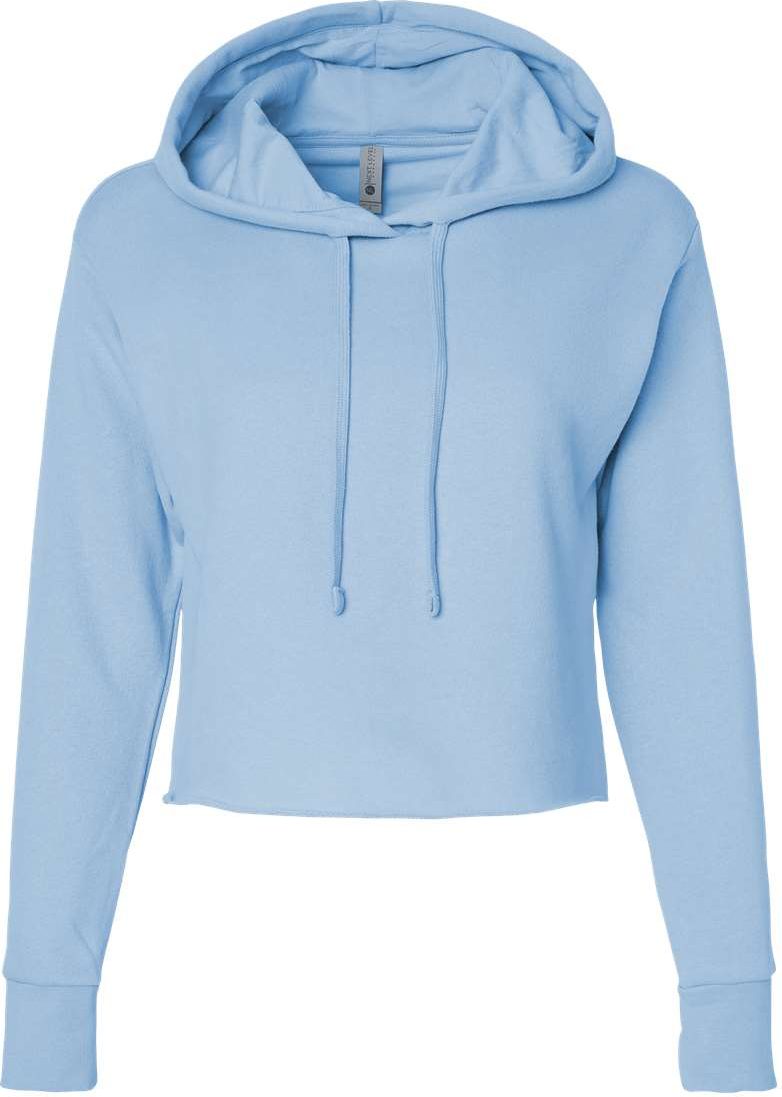 Front View of Stonewash Denim Women's Laguna Sueded Raw Edge Crop Hoodie - 9384