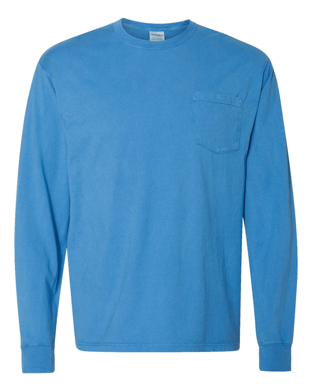 Front View of Summer Sky Blue Garment-Dyed Long Sleeve T-Shirt With a Pocket - GDH250