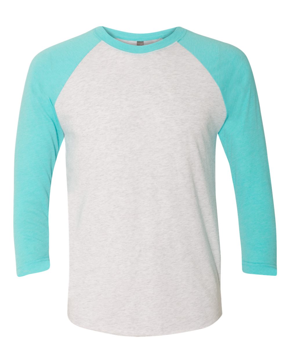 Front View of Tahiti Blue Sleeves/ Heather White Body Triblend Three-Quarter Raglan T-Shirt - 6051