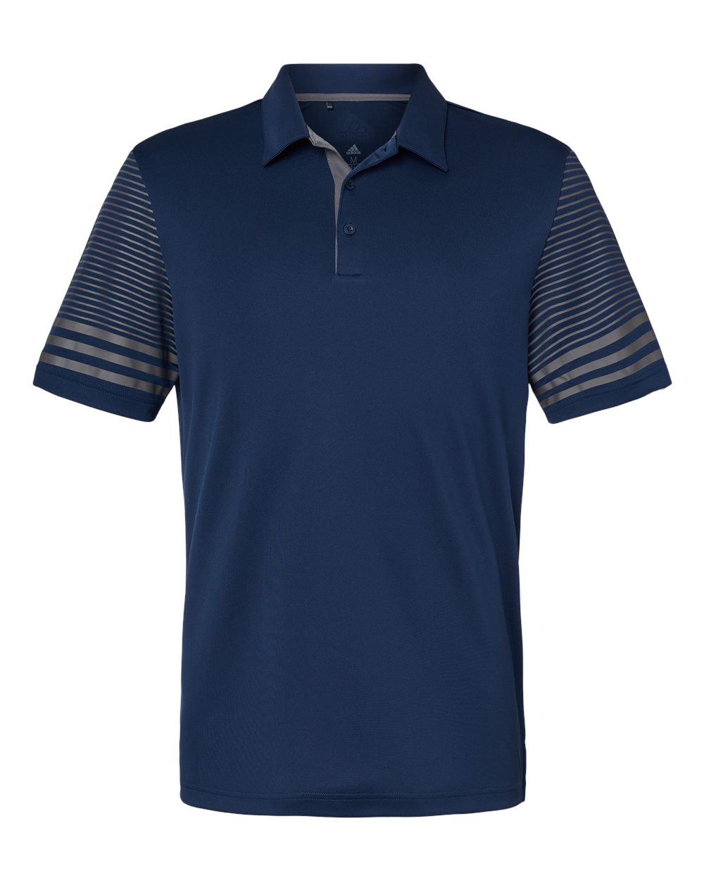 Front View of Team Navy Blue/ Grey Five Striped Sleeve Polo - A490
