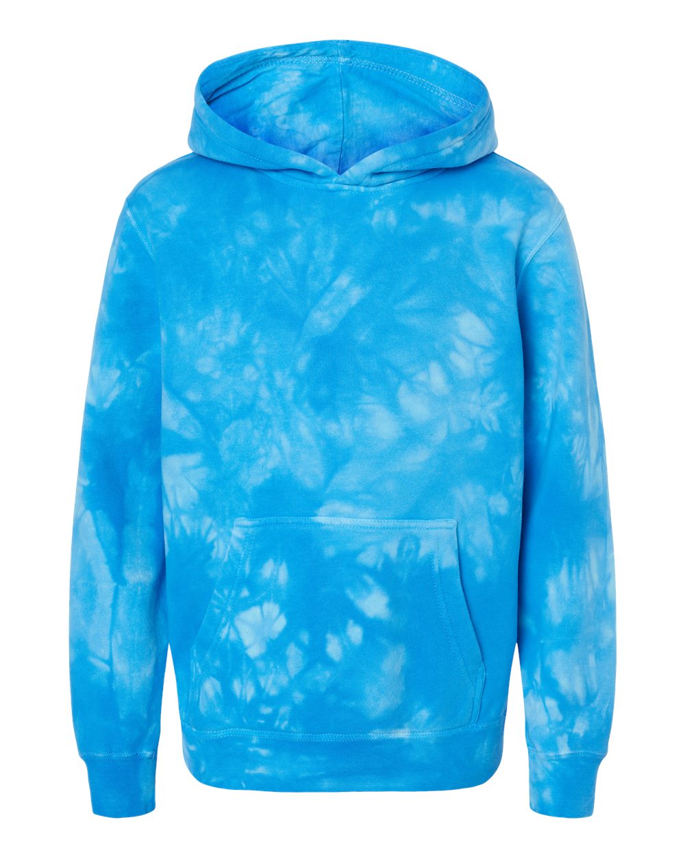 Front View of Tie Dye Aqua Blue Youth Midweight Tie-Dyed Hooded Sweatshirt - PRM1500TD