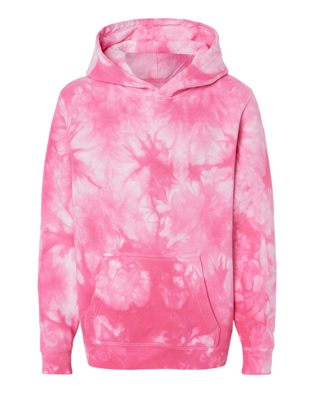 Front View of Tie Dye Pink Youth Midweight Tie-Dyed Hooded Sweatshirt - PRM1500TD