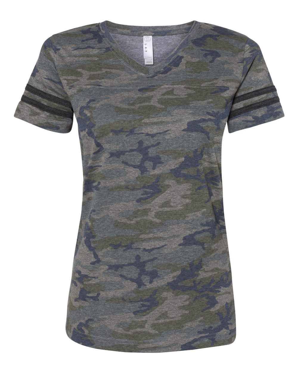 Front View of Vintage Camo/ Vintage Smoke Women's Football V-Neck Fine Jersey Tee - 3537
