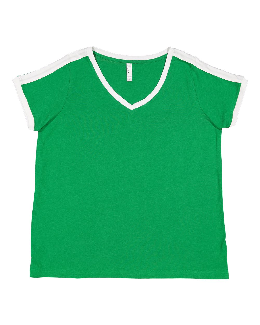 Front View of Vintage Green/ White Women's Curvy Retro Ringer Premium Jersey V-Neck Tee - 3832