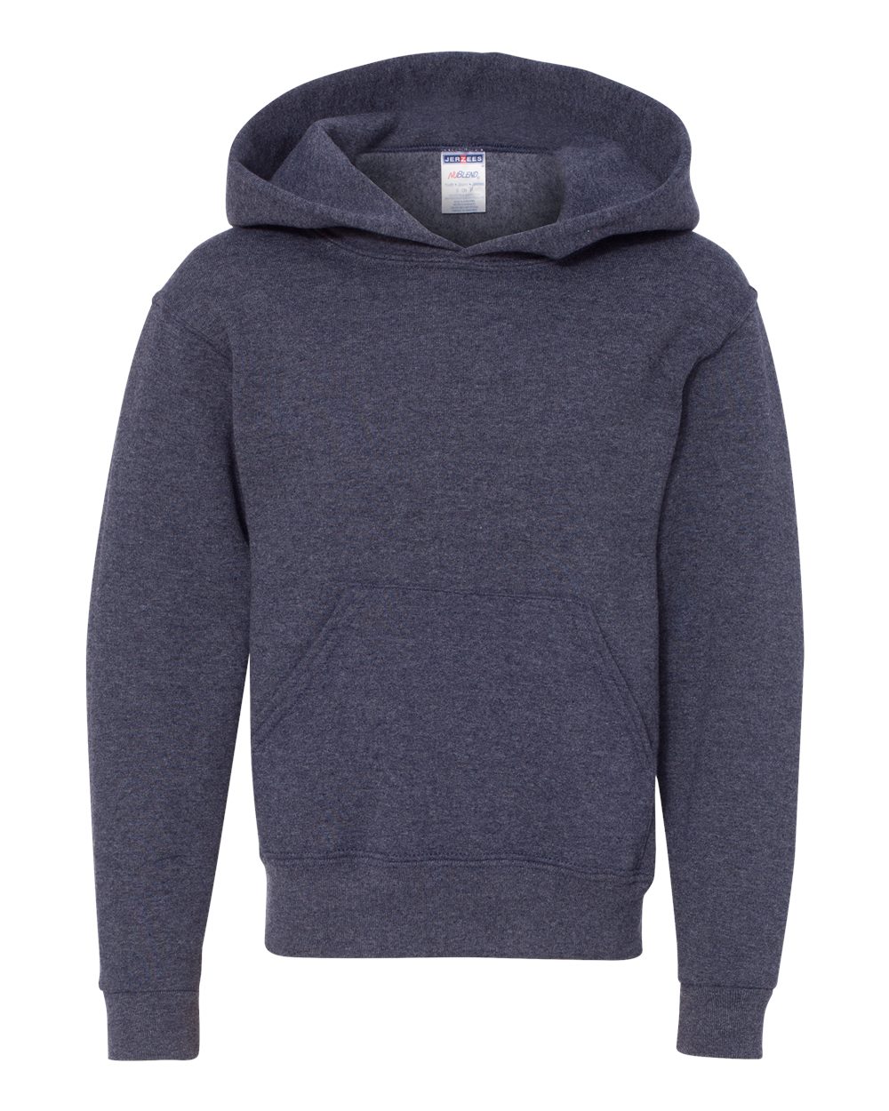 Front View of Vintage Heather Navy NuBlend® Youth Hooded Sweatshirt - 996YR