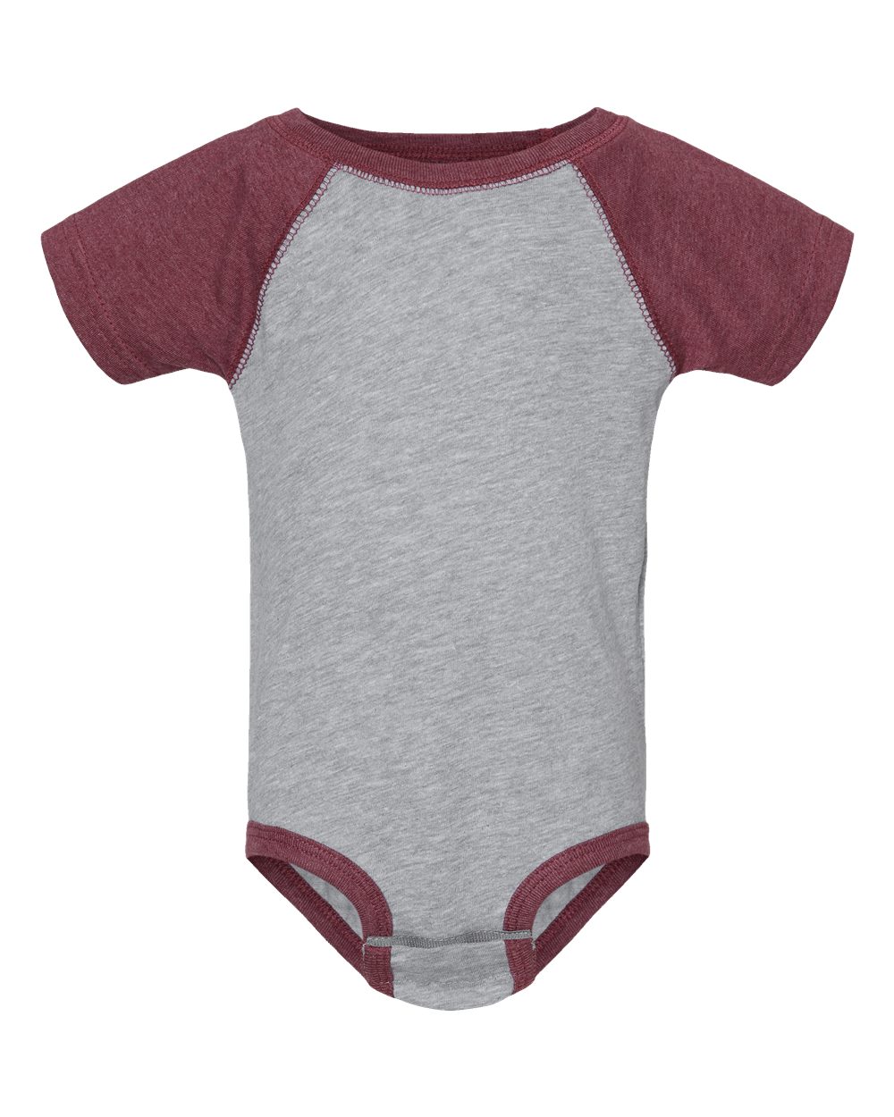 Front View of Vintage Heather/ Vintage Burgundy Infant Baseball Fine Jersey Bodysuit - 4430