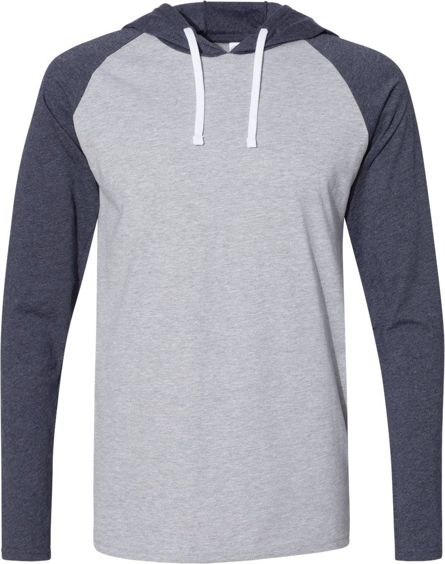 Front View of Vintage Heather/ Vintage Navy/ White Fine Jersey Hooded Long Sleeve Raglan T-Shirt - 6917