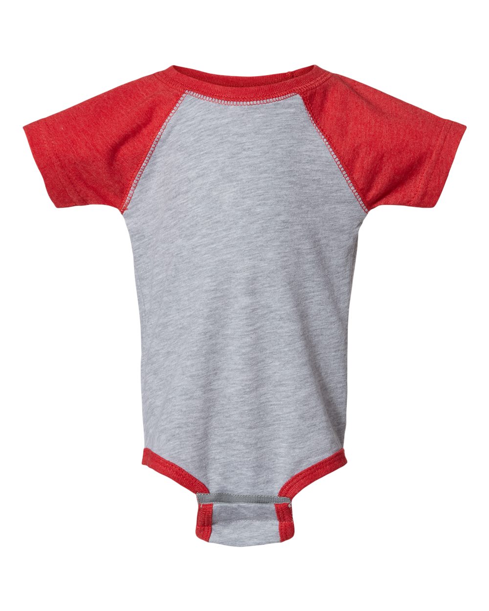Front View of Vintage Heather/ Vintage Red Infant Baseball Fine Jersey Bodysuit - 4430