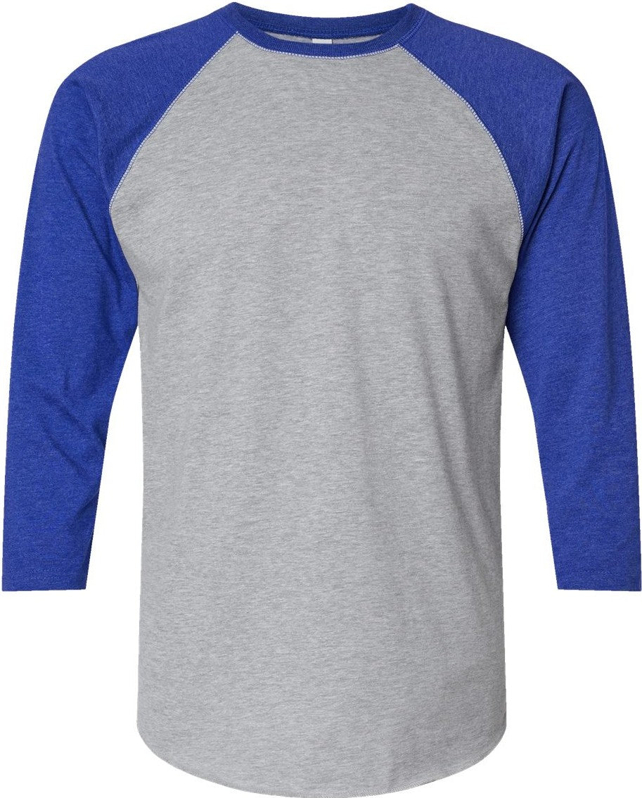 Front View of Vintage Heather/ Vintage Royal Baseball Fine Jersey Three-Quarter Sleeve Tee - 6930