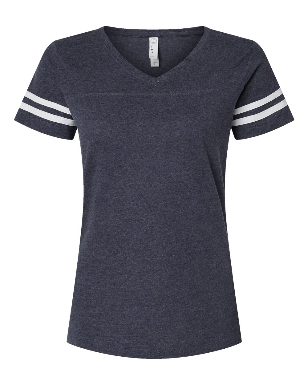 Front View of Vintage Navy/ White Women's Football V-Neck Fine Jersey Tee - 3537