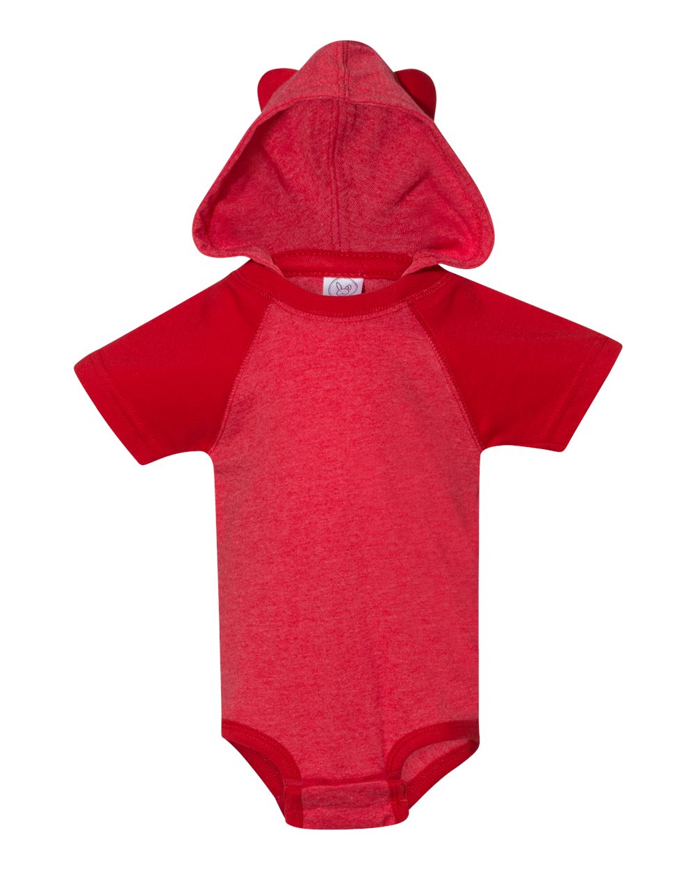 Front View of Vintage Red/ Red Fine Jersey Infant Short Sleeve Raglan Bodysuit with Hood & Ears - 4417