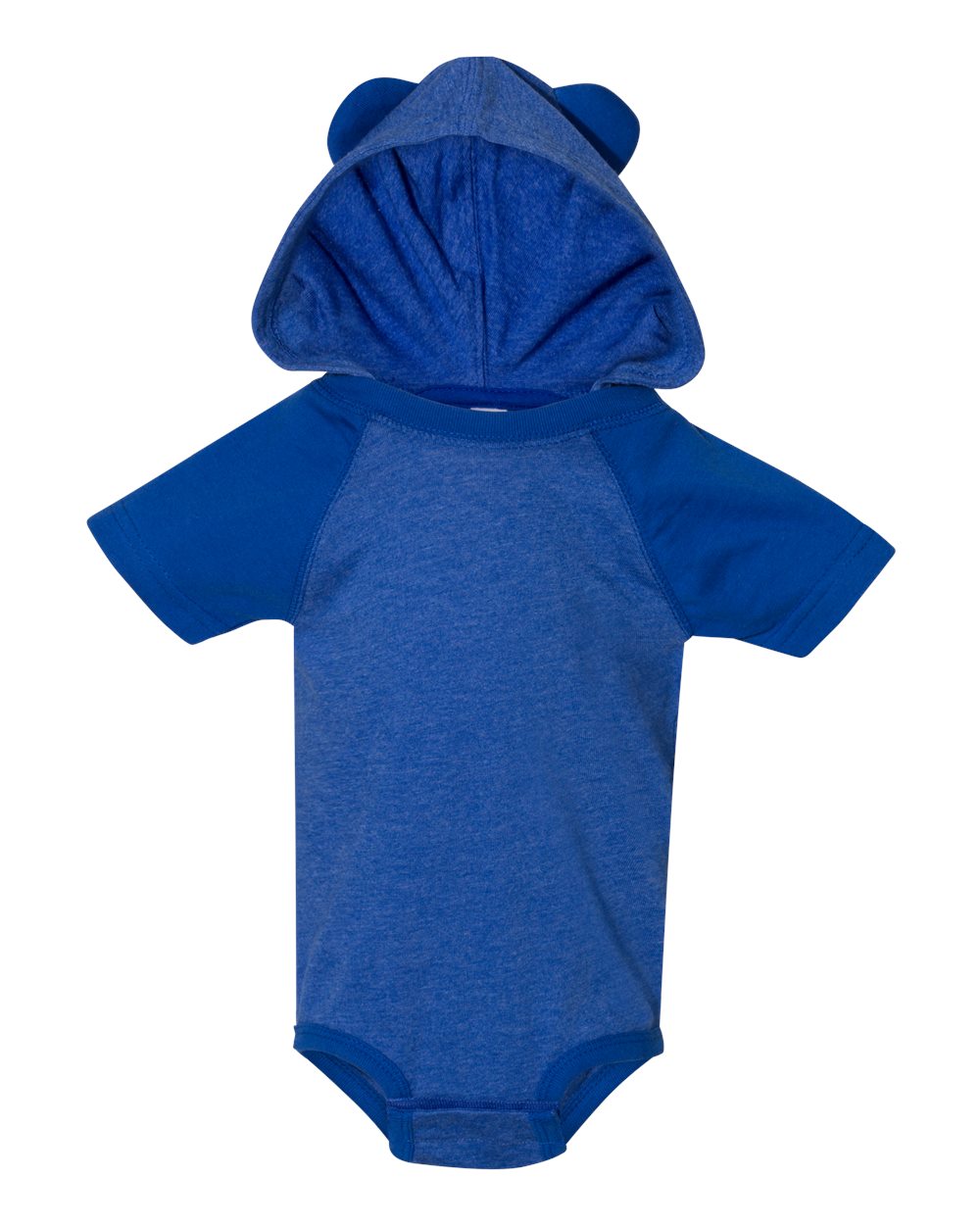 Front View of Vintage Royal/ Royal Fine Jersey Infant Short Sleeve Raglan Bodysuit with Hood & Ears - 4417