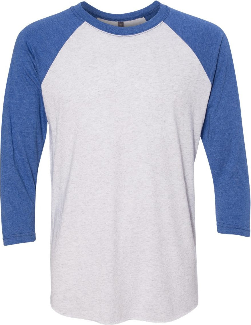 Front View of Vintage Royal Sleeves/ Heather White Body Triblend Three-Quarter Raglan T-Shirt - 6051