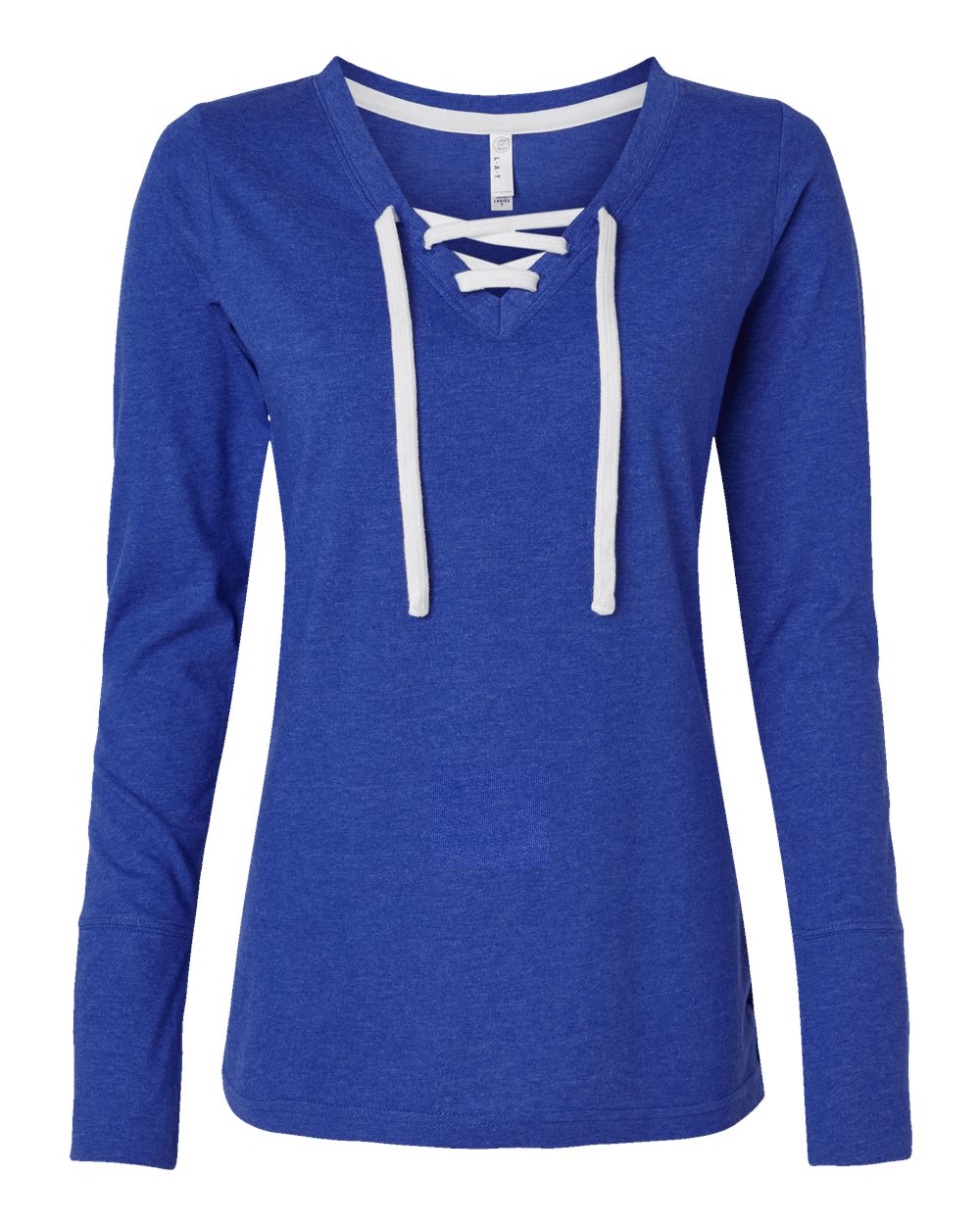 Front View of Vintage Royal/ White Women's Fine Jersey Lace-Up Long Sleeve T-Shirt - 3538