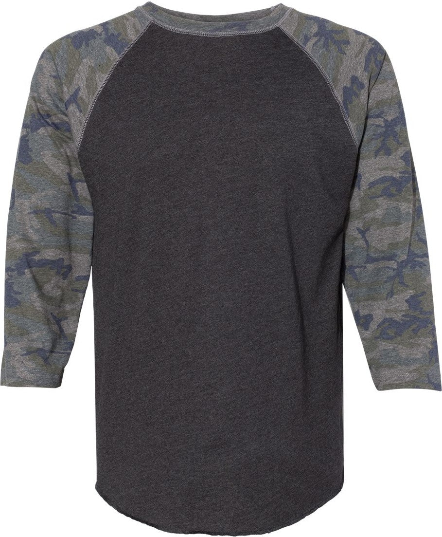 Front View of Vintage Smoke/ Vintage Camo Baseball Fine Jersey Three-Quarter Sleeve Tee - 6930