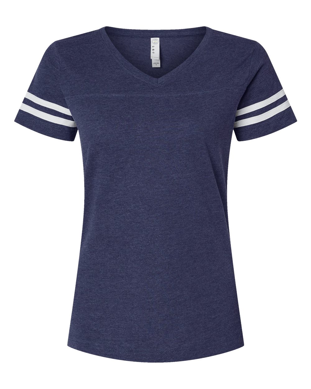 Front View of Vintage True Navy/ Blended White Women's Football V-Neck Fine Jersey Tee - 3537