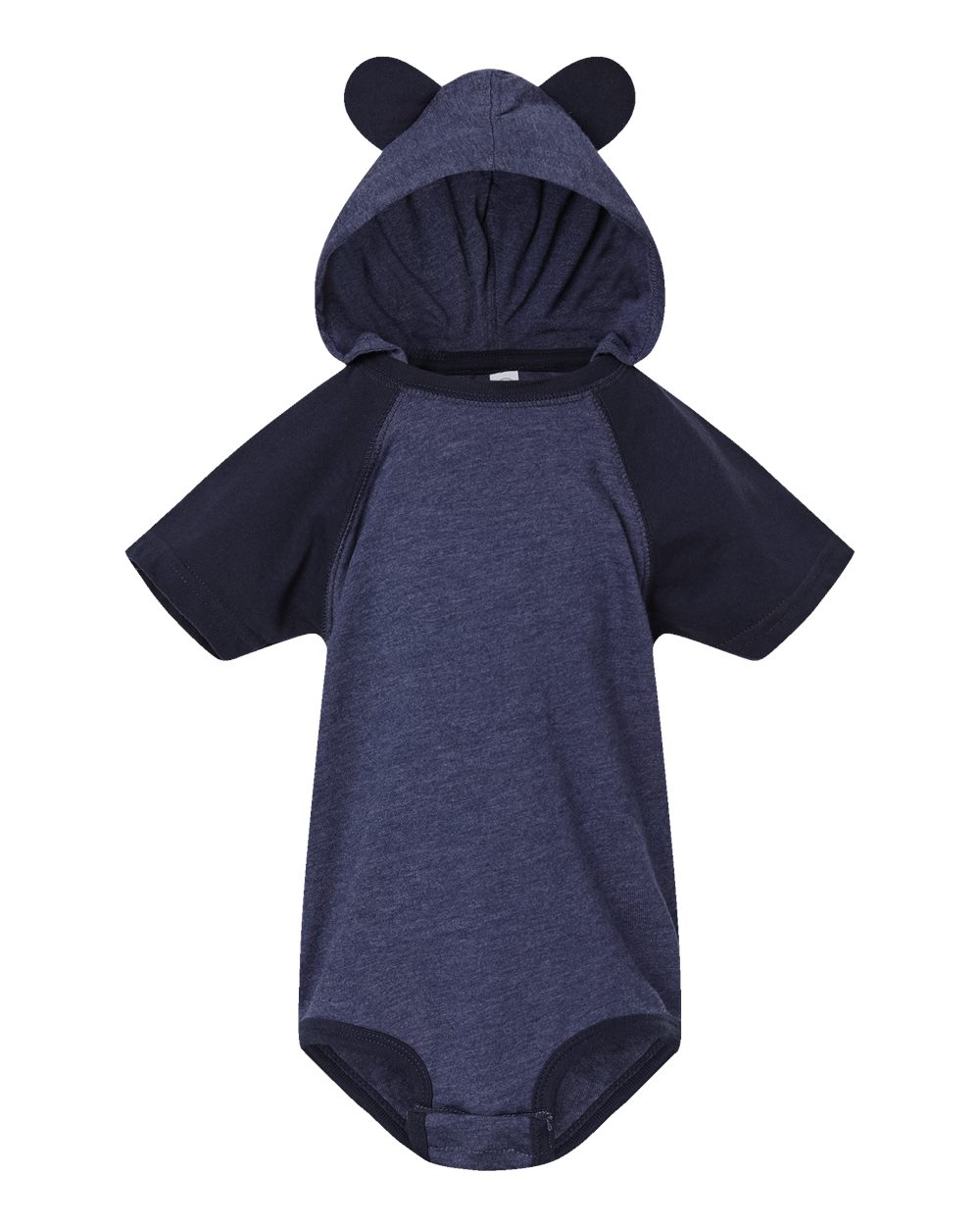 Front View of Vintage True Navy/ Navy Fine Jersey Infant Short Sleeve Raglan Bodysuit with Hood & Ears - 4417