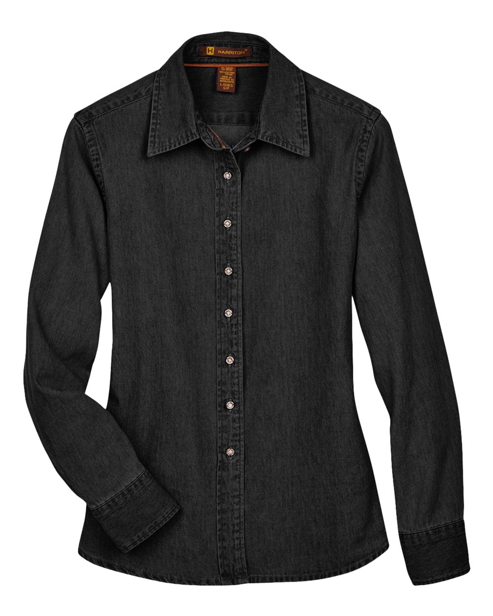 Front View of Washed Black Women's Long Sleeve Denim Shirt - M550W