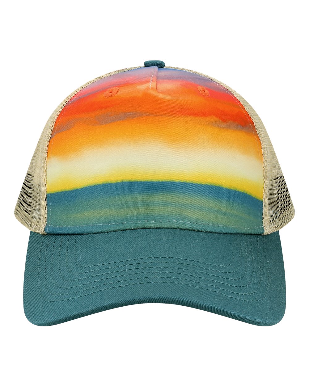 Front View of Watercolor Sunset/ Teal Trucker Cap - 5PTKR