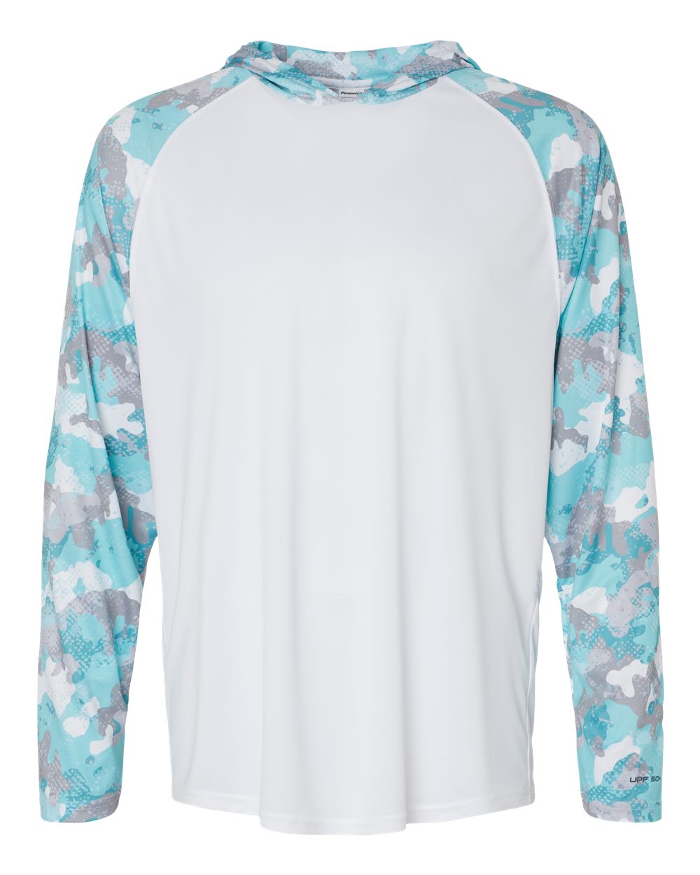 Front View of White/ Aqua Camo Tortuga Extreme Performance Hooded T-Shirt - 240