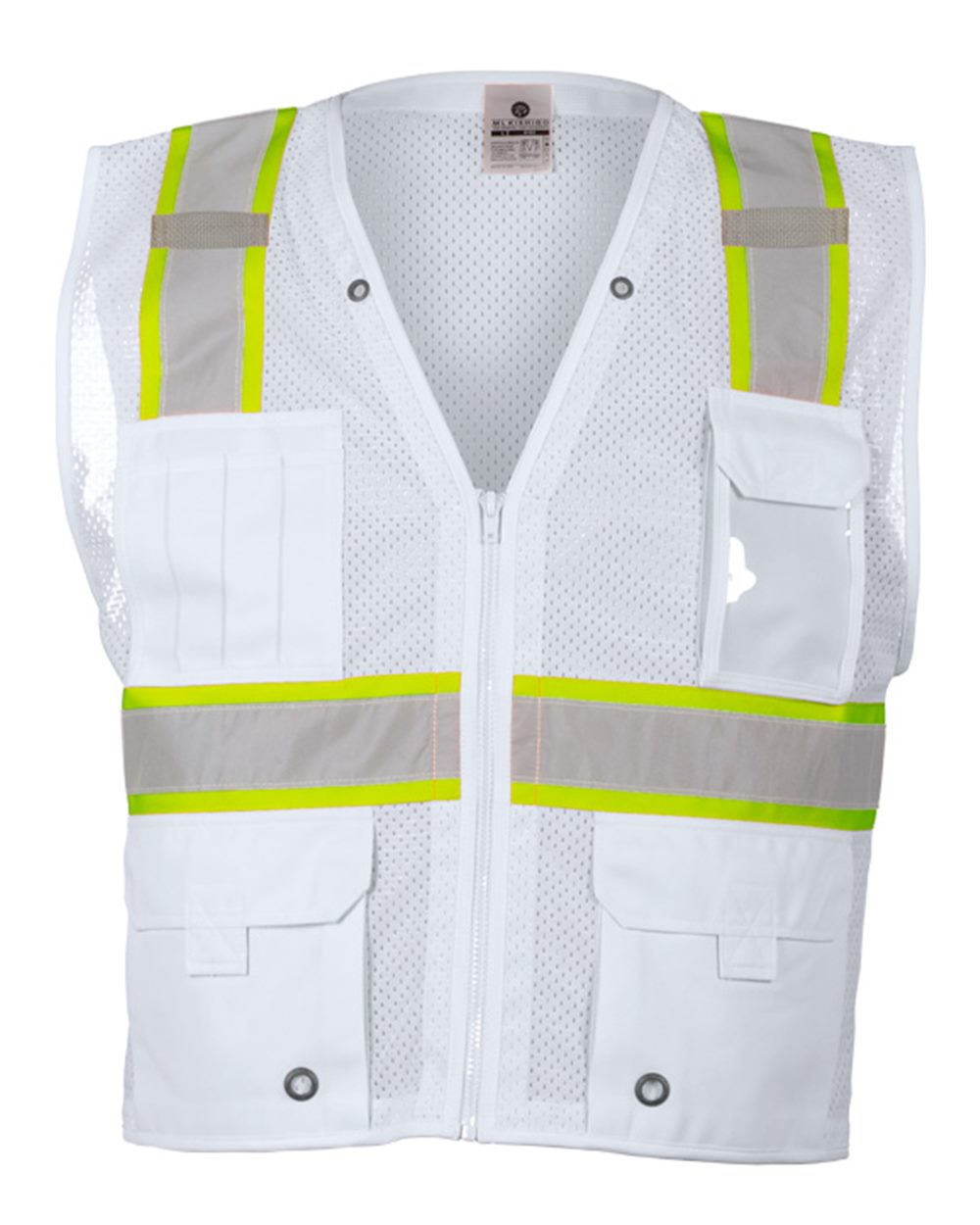 Front View of White - B105 EV Series® Enhanced Visibility Multi-Pocket Mesh Vest - B100-111