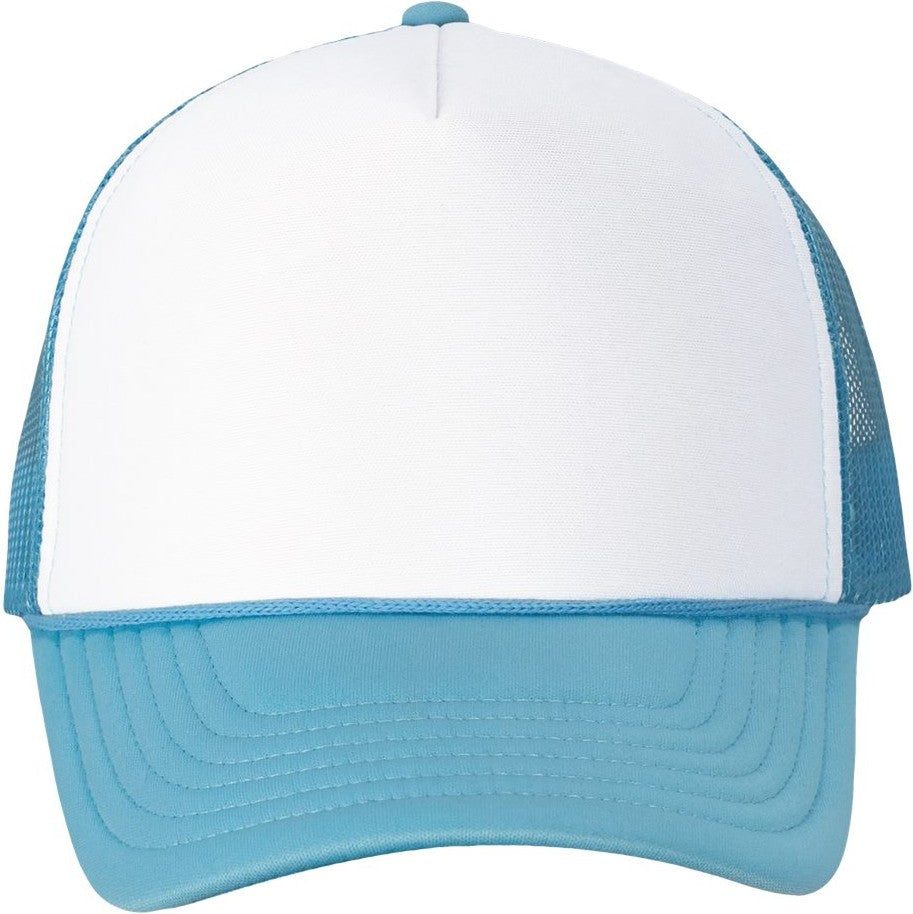 Front View of White/ Baby Blue Foam Mesh-Back Trucker Cap - VC700