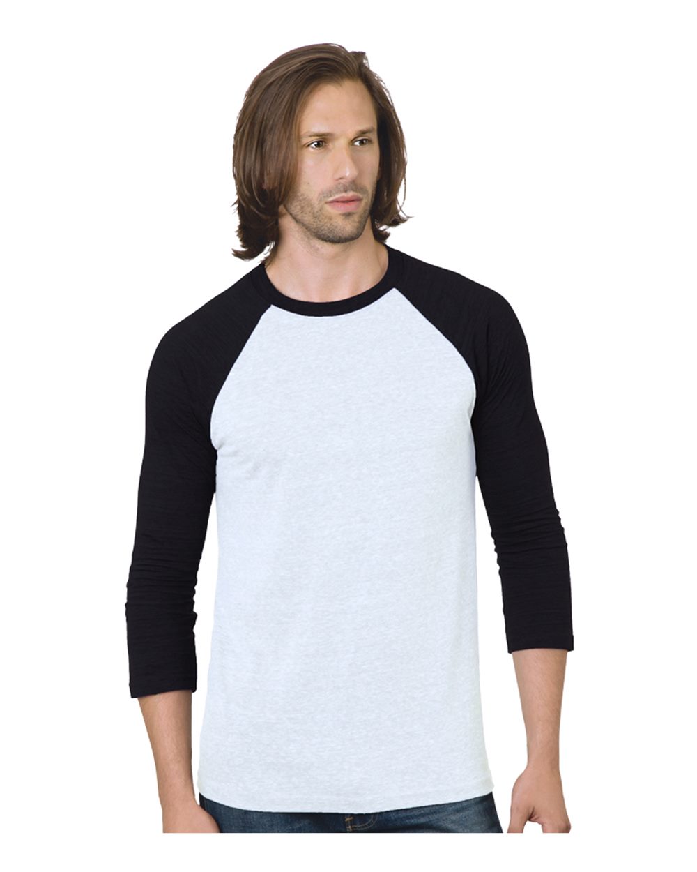 Front View of White/ Black Triblend Three-Quarter Sleeve Raglan T-Shirt - 9525