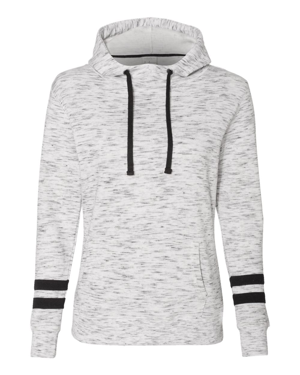 Front View of White/ Black Women’s Mélange Fleece Striped-Sleeve Hooded Sweatshirt - 8674