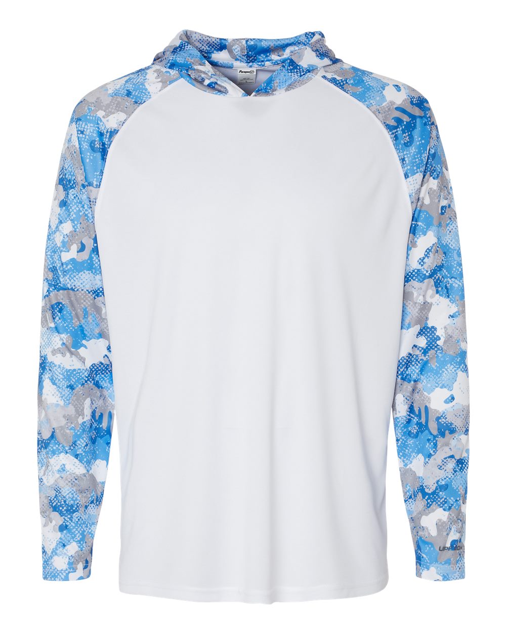 Front View of White/ Blue Mist Camo Tortuga Extreme Performance Hooded T-Shirt - 240