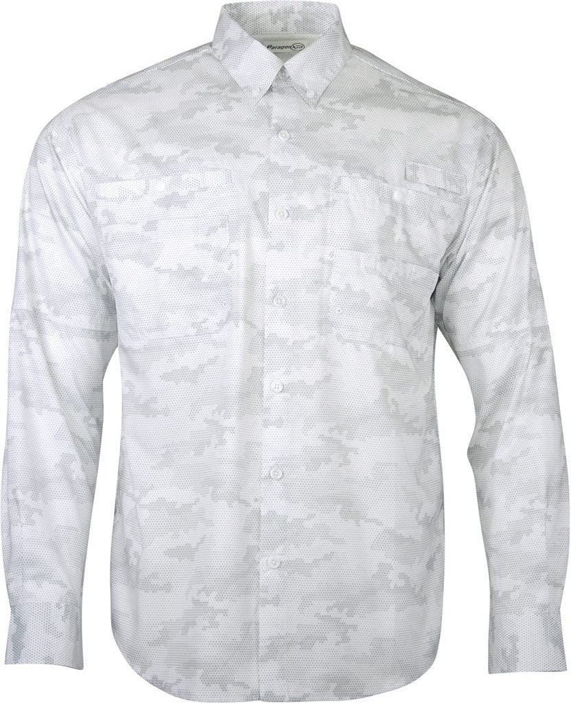 Front View of White Buxton Sublimated Long Sleeve Fishing Shirt - 709