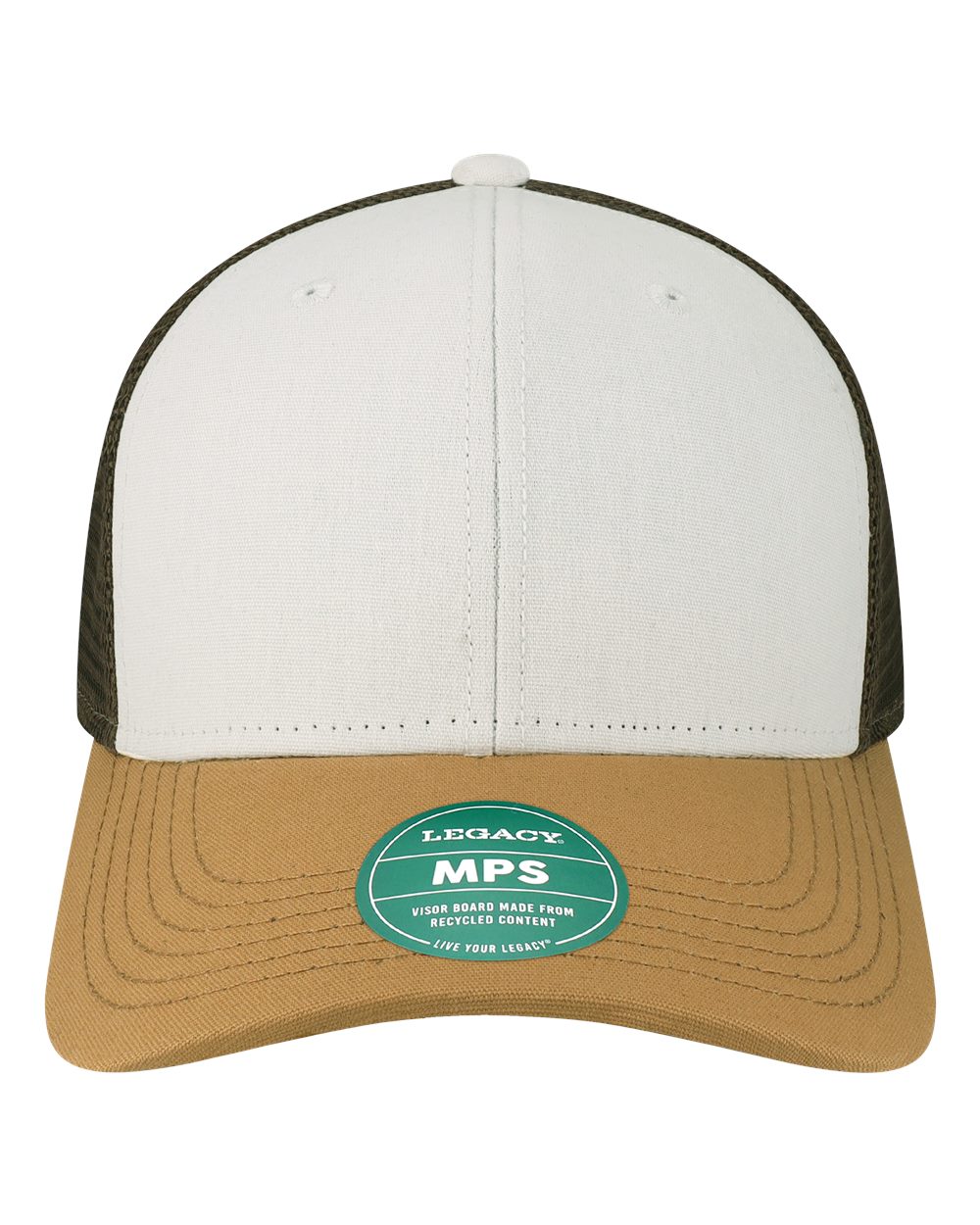 Front View of White/ Caramel/ Brown Mid-Pro Snapback Trucker Cap - MPS